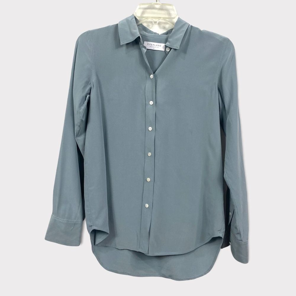 Everlane Slate Gray Silk Button Down Long Sleeve Top